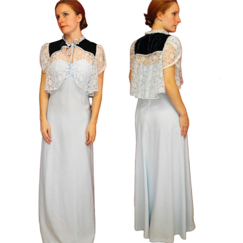 70s Maxi Dress with Lace Velvet Shrug Formal Blue Vintage XS